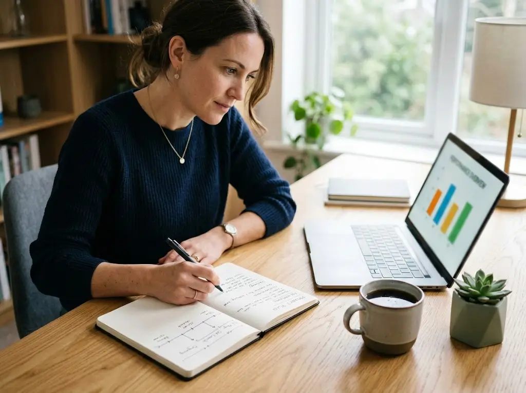 Persoon plant budget met notitieboek en laptop