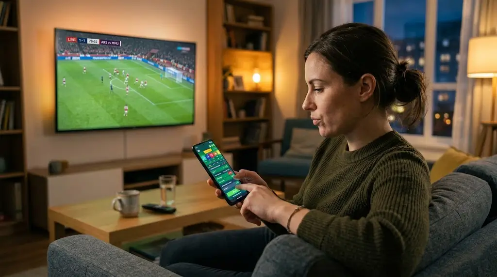 Persoon bekijkt live wedstrijd op smartphone met wedopties