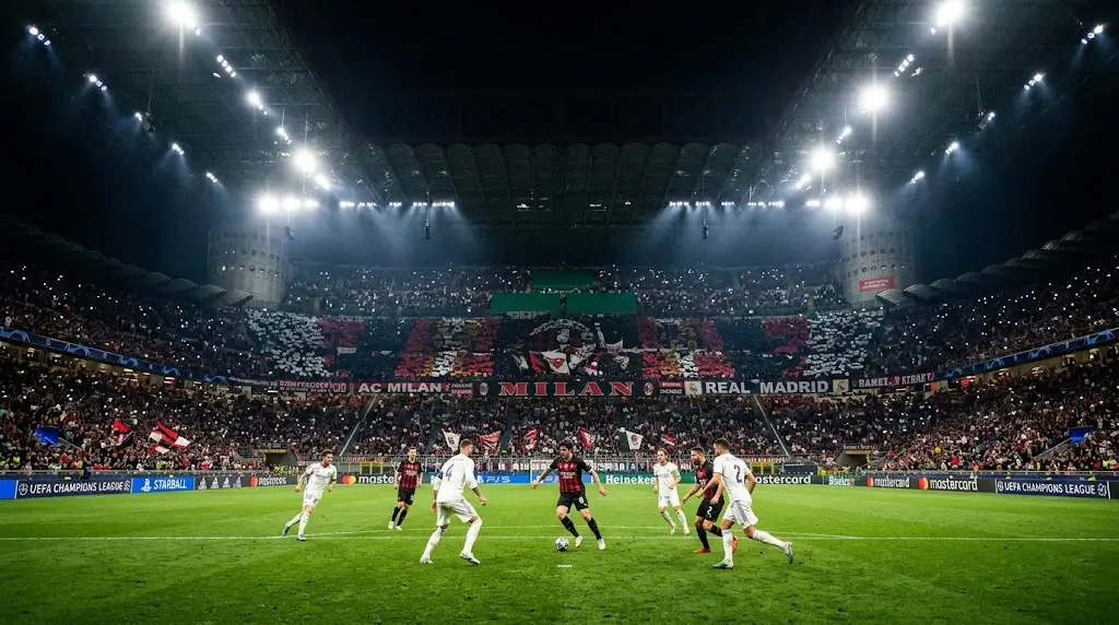 Champions League voetbalwedstrijd in Europees stadion met supporters