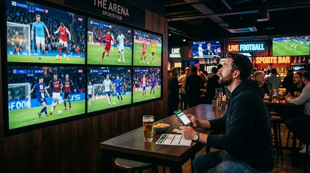 Meerdere voetbalwedstrijden op schermen in sportbar