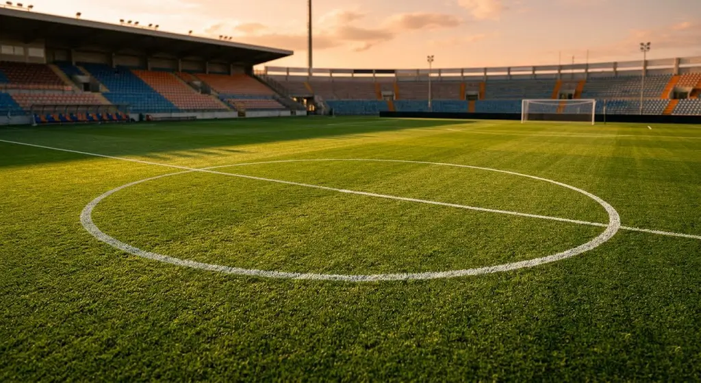 Professioneel voetbalveld met perfecte grasmat en witte lijnen