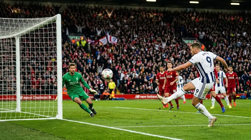 Voetballer neemt schot op doel tijdens wedstrijd