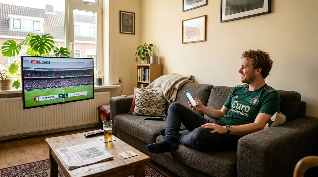 Voetbalsupporter kijkt wedstrijd met smartphone