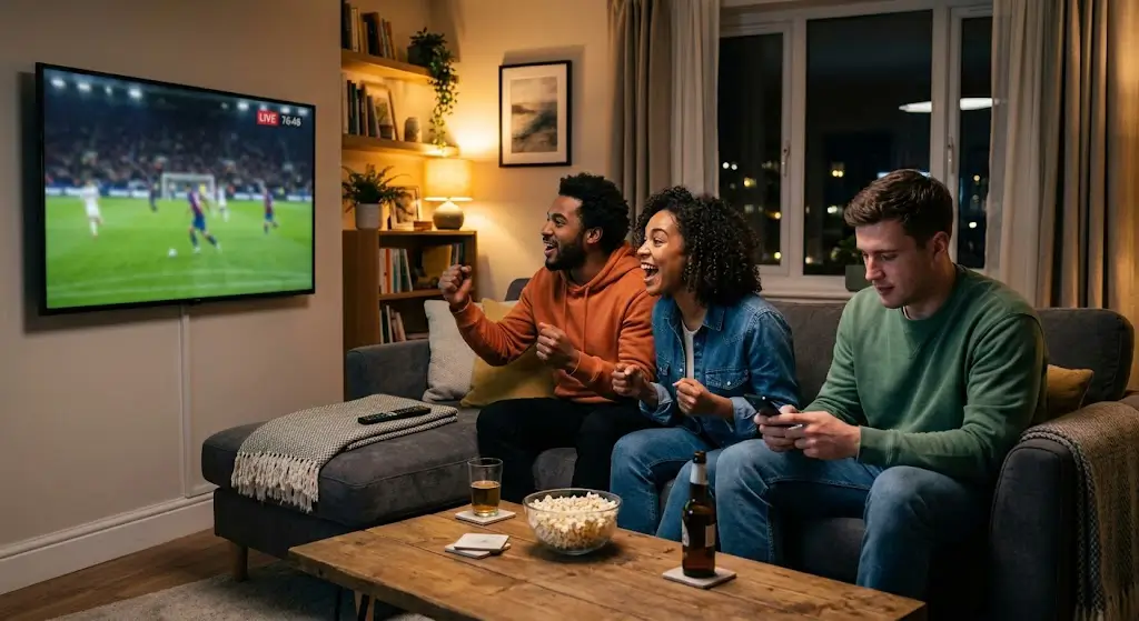 Groep vrienden kijkt gespannen naar live voetbalwedstrijd op televisie