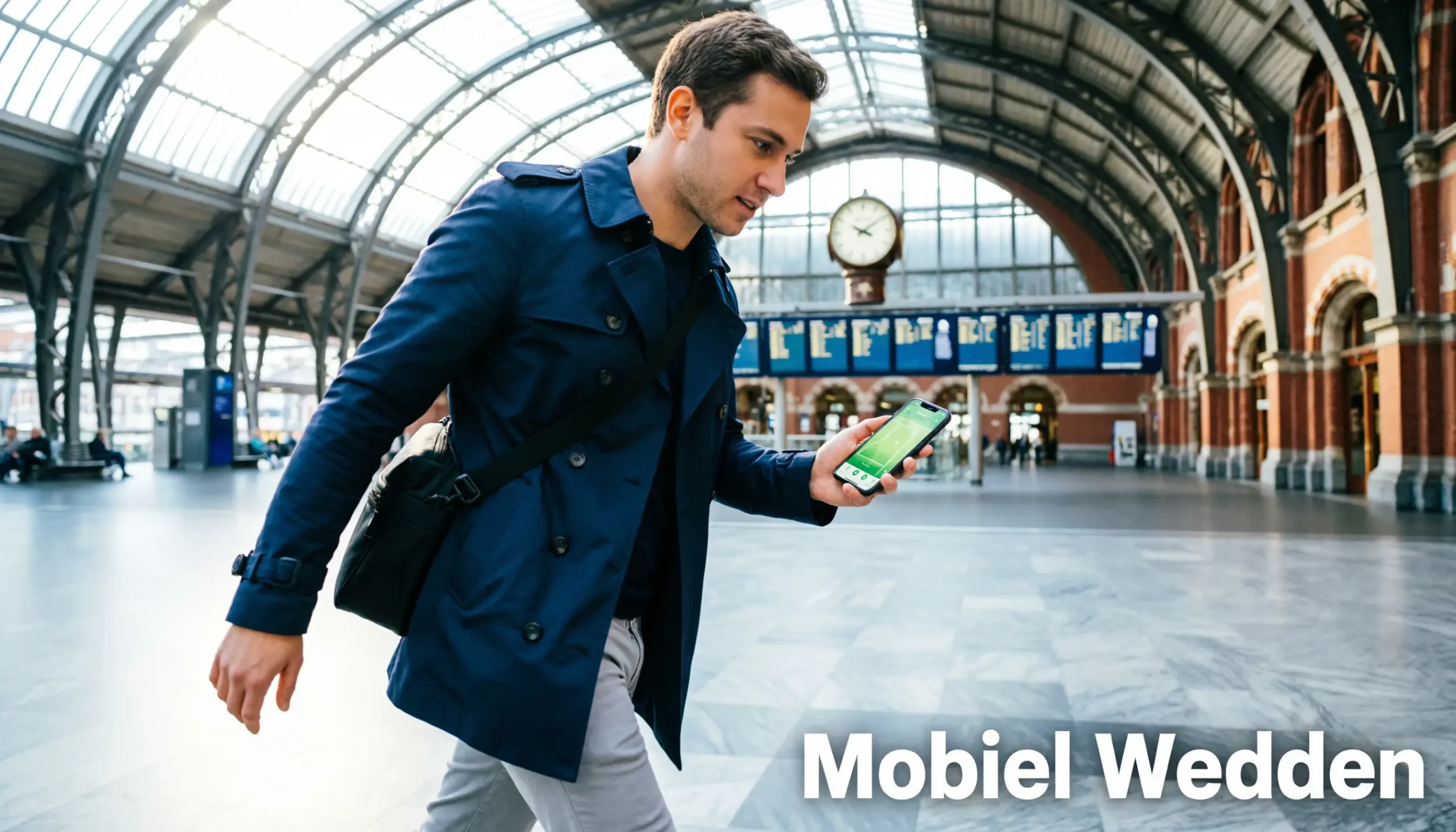 Smartphone met sport-app in hand onderweg