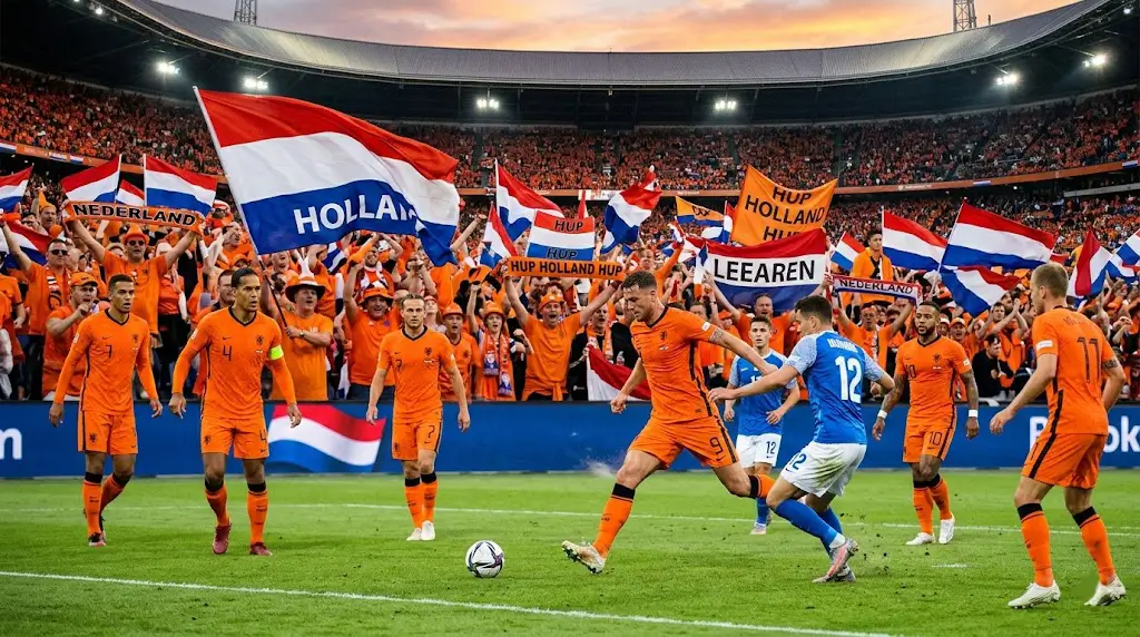 Nederlands elftal in oranje shirts tijdens interland