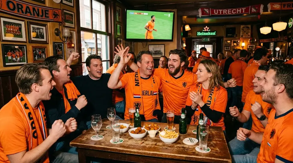 Nederlandse voetbalfans kijken wedstrijd samen