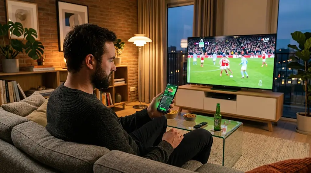 Mobiel sportwedden op smartphone met voetbal op TV