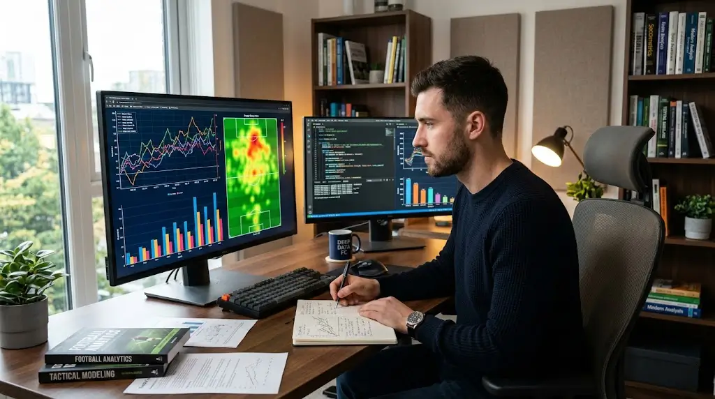 Analist bestudeert voetbalstatistieken op computer