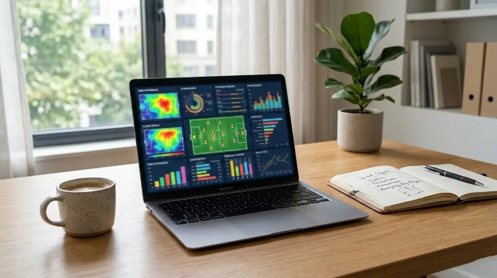 Laptop met voetbalanalyse en statistieken op scherm