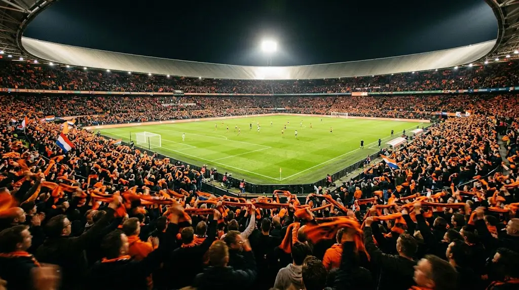 Voetbalstadion in Nederland met volle tribunes tijdens een Eredivisie wedstrijd